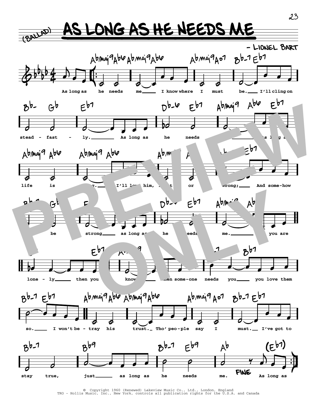 Lionel Bart As Long As He Needs Me (Low Voice) Sheet Music Notes & Chords for Real Book – Melody, Lyrics & Chords - Download or Print PDF
