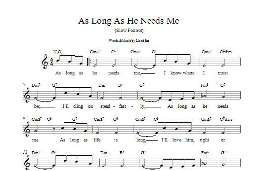 Lionel Bart As Long As He Needs Me Sheet Music Notes & Chords for Clarinet - Download or Print PDF