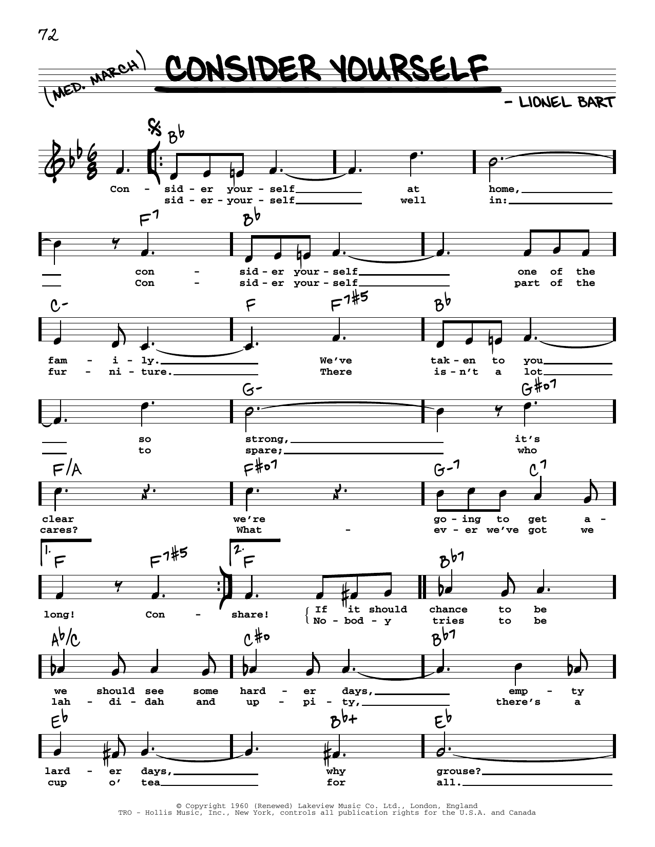 Lionel Bart Consider Yourself (from Oliver) (High Voice) Sheet Music Notes & Chords for Real Book – Melody, Lyrics & Chords - Download or Print PDF