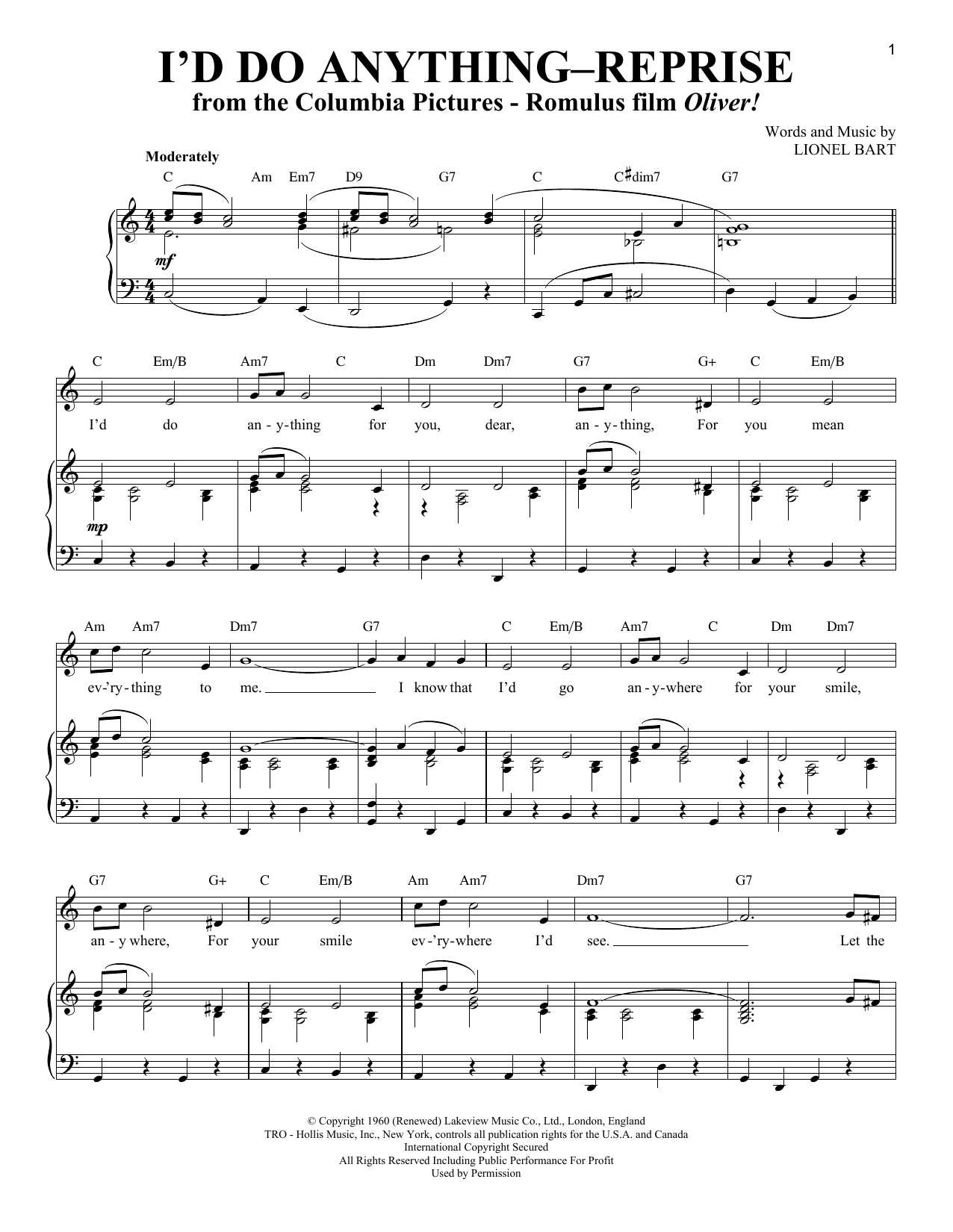 Lionel Bart I'd Do Anything - Reprise Sheet Music Notes & Chords for Piano & Vocal - Download or Print PDF