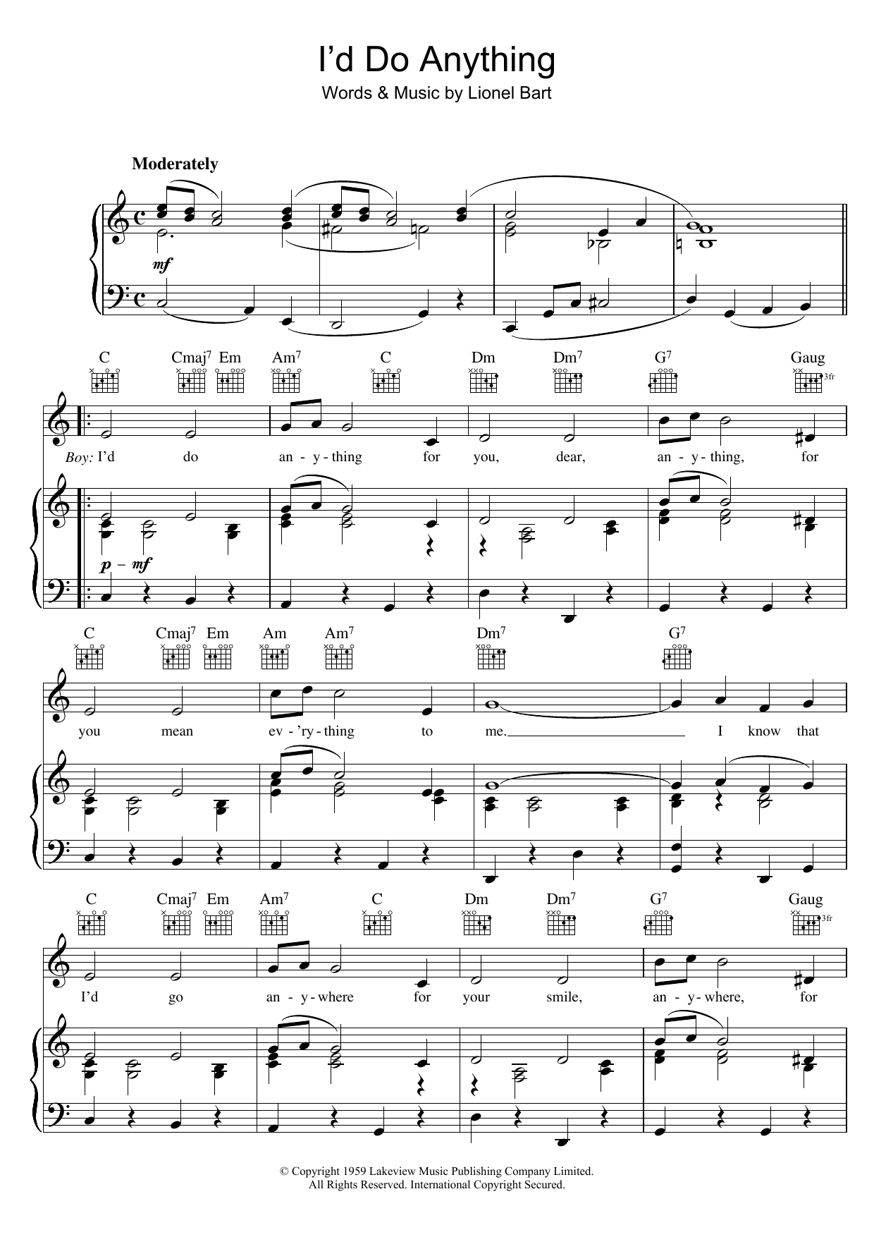 Lionel Bart I'd Do Anything (from Oliver!) Sheet Music Notes & Chords for 5-Finger Piano - Download or Print PDF