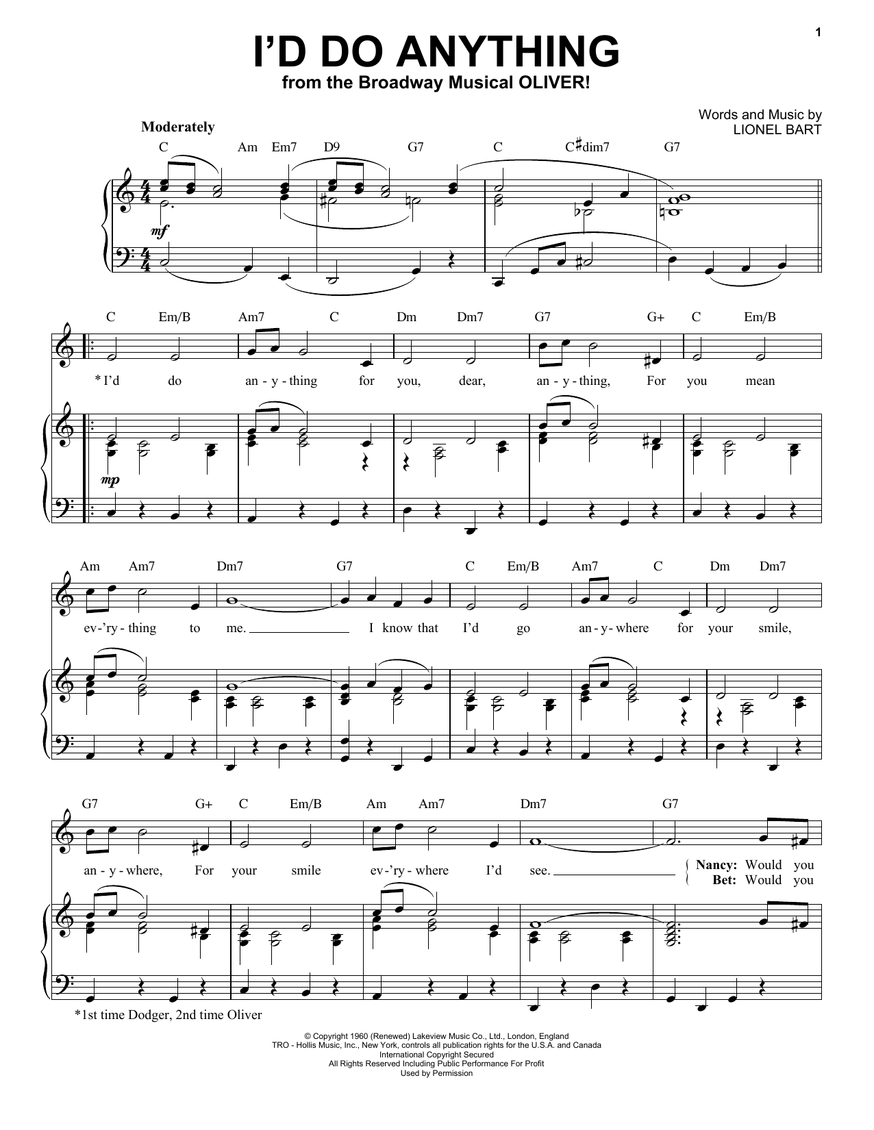 Lionel Bart I'd Do Anything Sheet Music Notes & Chords for Easy Piano - Download or Print PDF