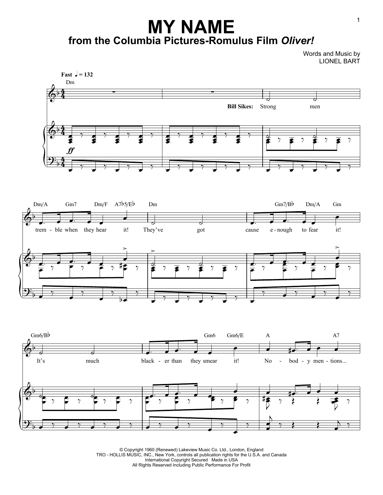 Lionel Bart My Name Sheet Music Notes & Chords for Piano & Vocal - Download or Print PDF