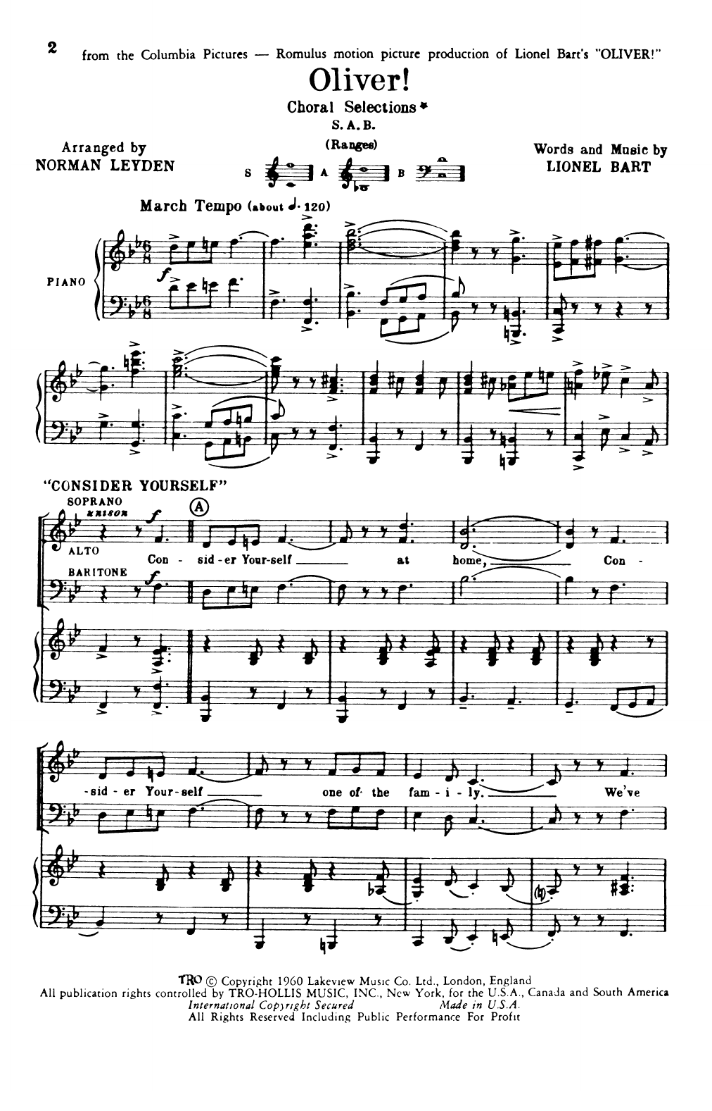 Lionel Bart Oliver! (Choral Selections) (arr. Norman Leyden) Sheet Music Notes & Chords for SAB Choir - Download or Print PDF