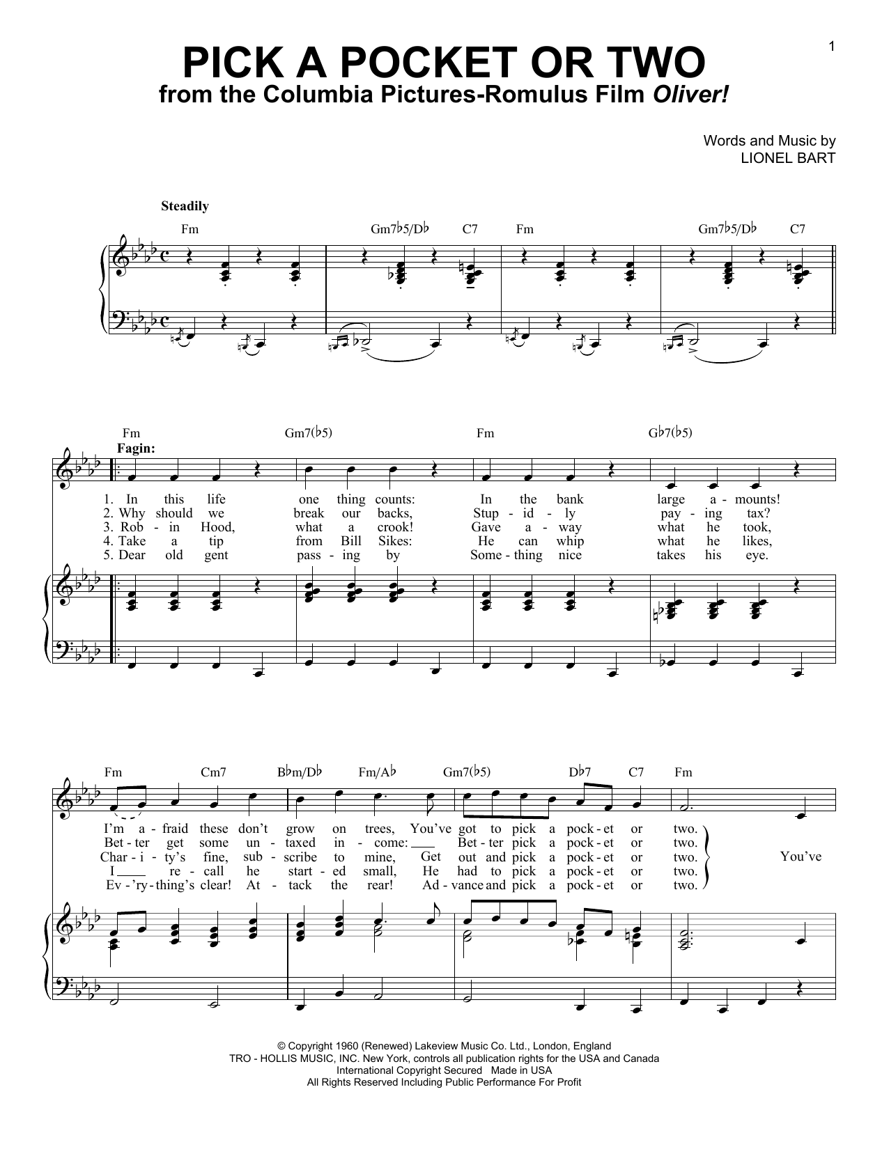 Lionel Bart Pick A Pocket Or Two Sheet Music Notes & Chords for Piano & Vocal - Download or Print PDF