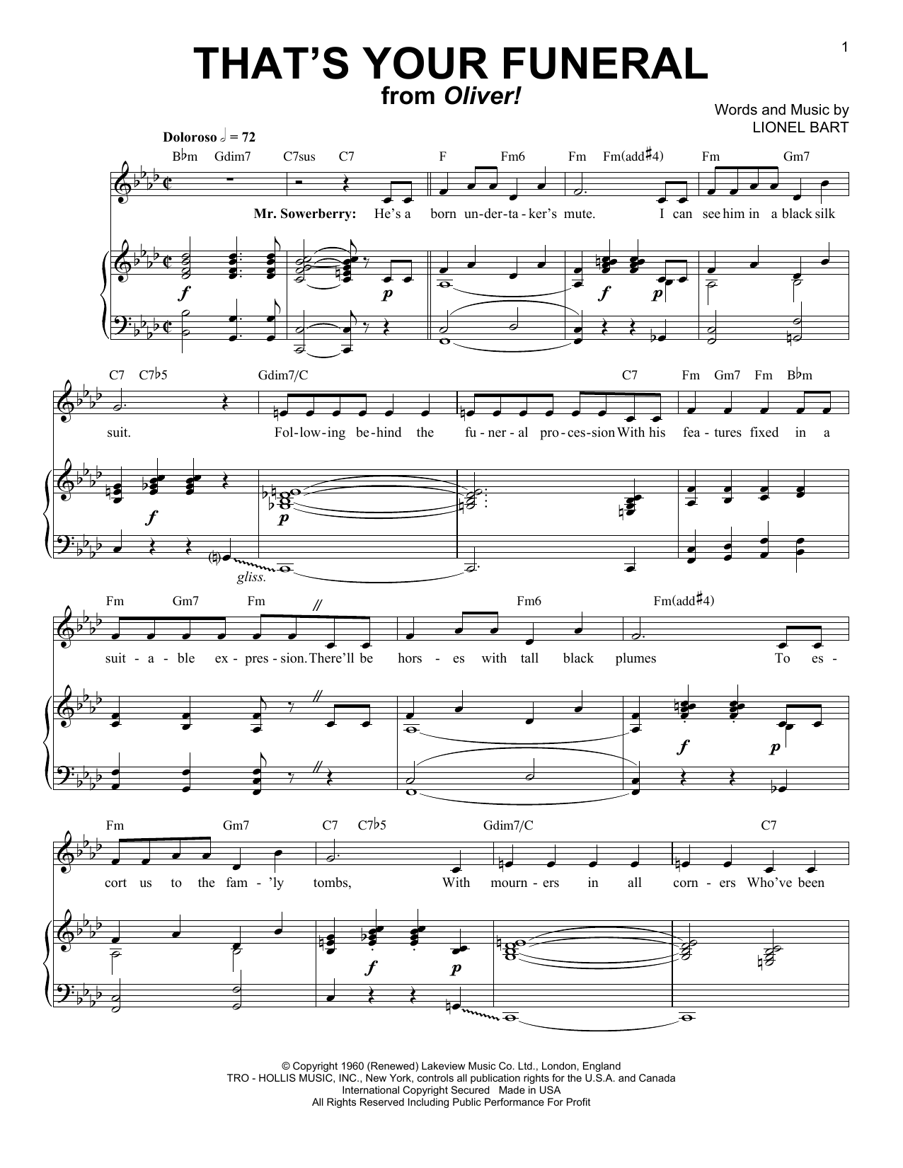 Lionel Bart That's Your Funeral Sheet Music Notes & Chords for Piano & Vocal - Download or Print PDF