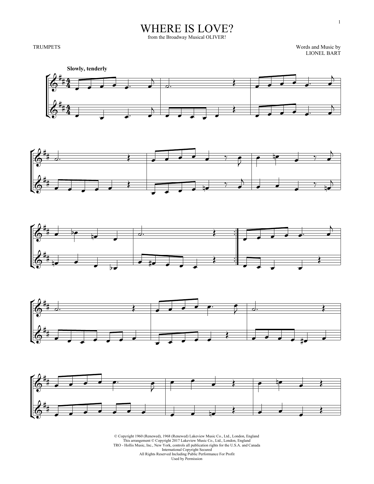 Lionel Bart Where Is Love? (from Oliver) Sheet Music Notes & Chords for Clarinet Duet - Download or Print PDF