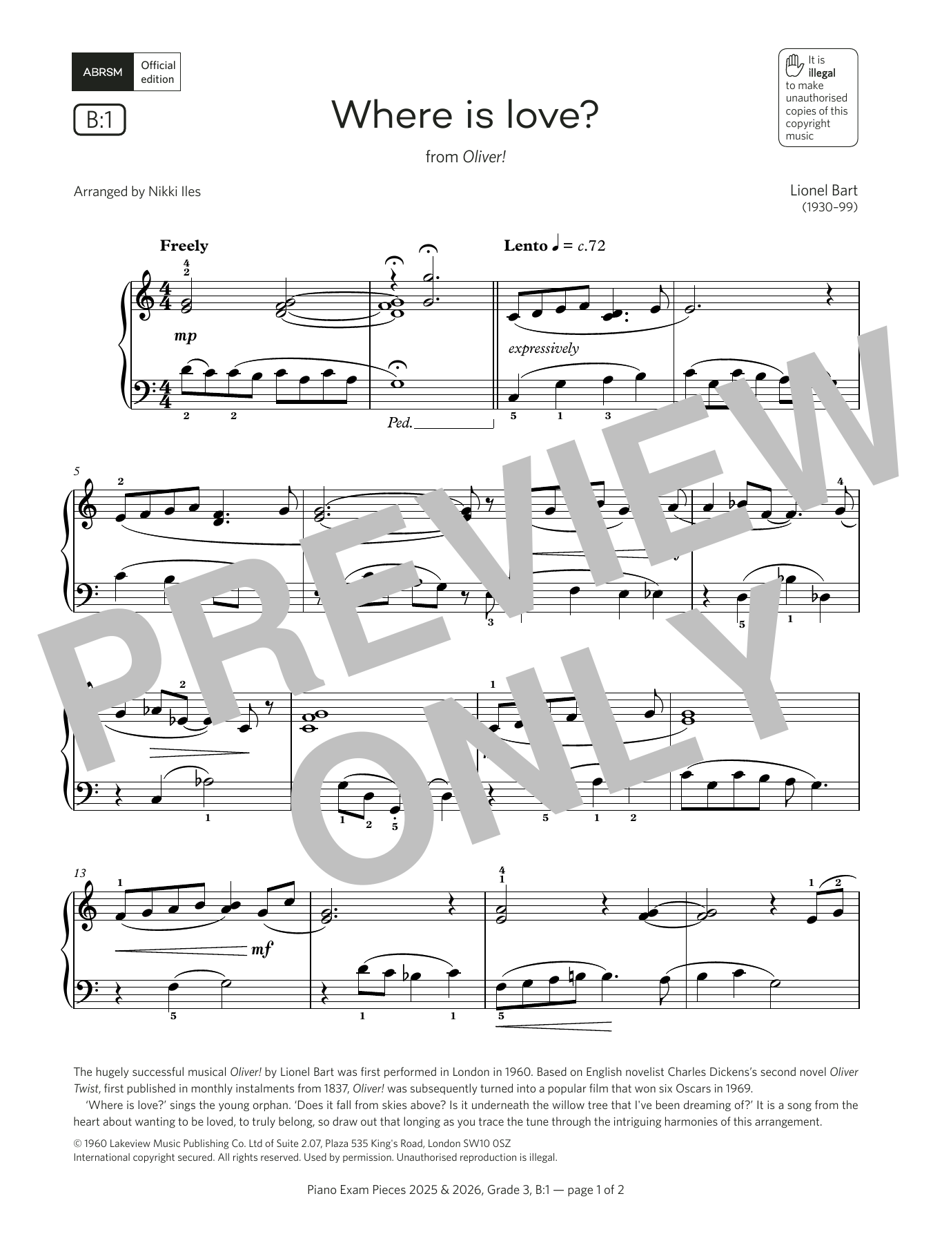 Lionel Bart Where is love? (Grade 3, list B1, from the ABRSM Piano Syllabus 2025 & 2026) Sheet Music Notes & Chords for Piano Solo - Download or Print PDF