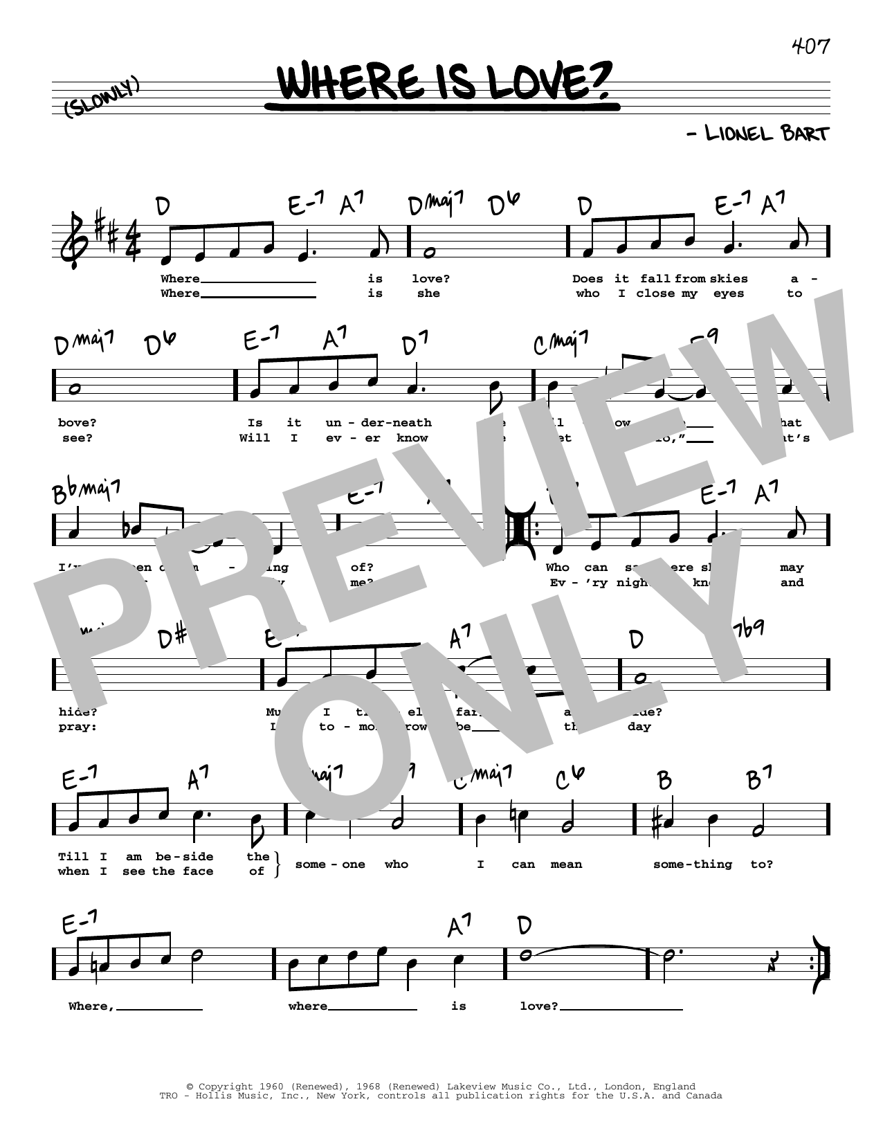 Lionel Bart Where Is Love? (High Voice) Sheet Music Notes & Chords for Real Book – Melody, Lyrics & Chords - Download or Print PDF