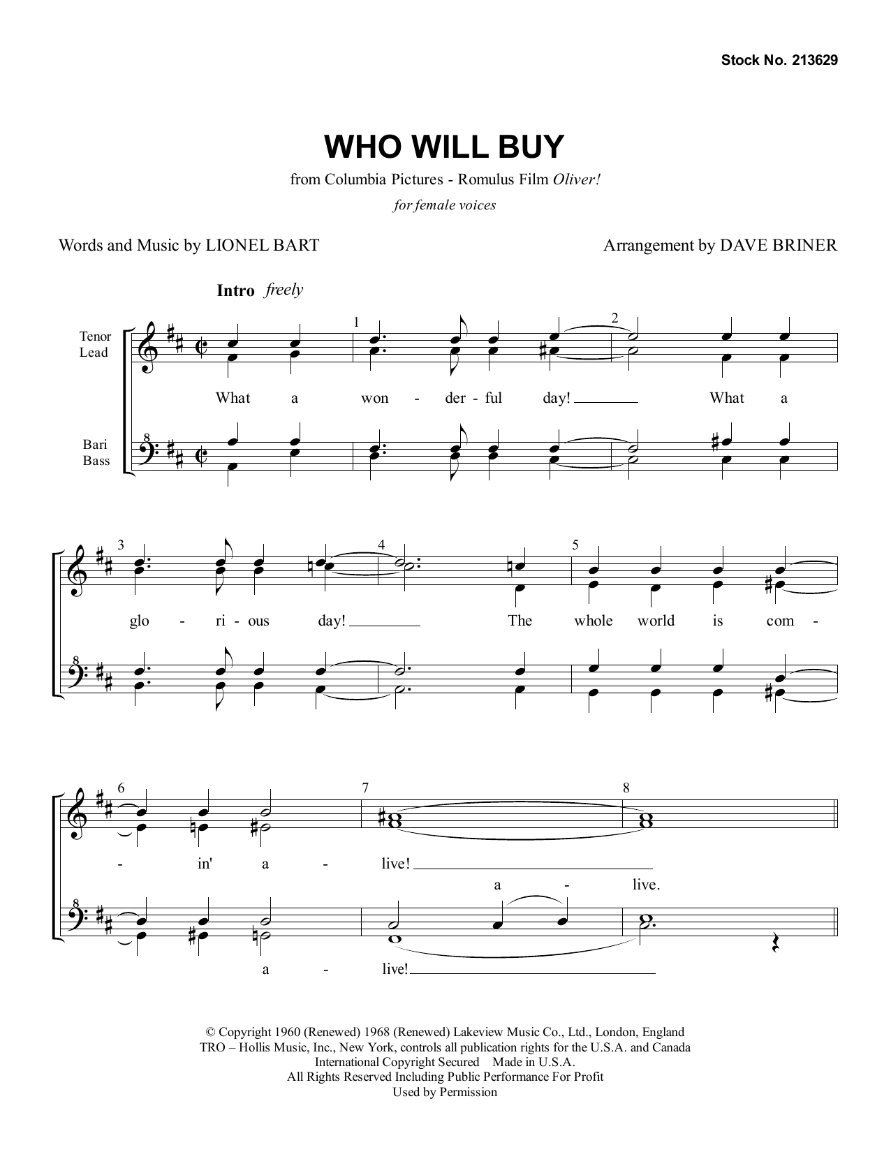 Lionel Bart Who Will Buy (from Oliver!) (arr. Dave Briner) Sheet Music Notes & Chords for TTBB Choir - Download or Print PDF