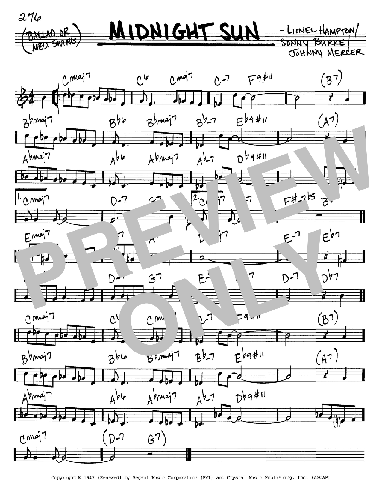 Lionel Hampton Midnight Sun Sheet Music Notes & Chords for Piano, Vocal & Guitar (Right-Hand Melody) - Download or Print PDF