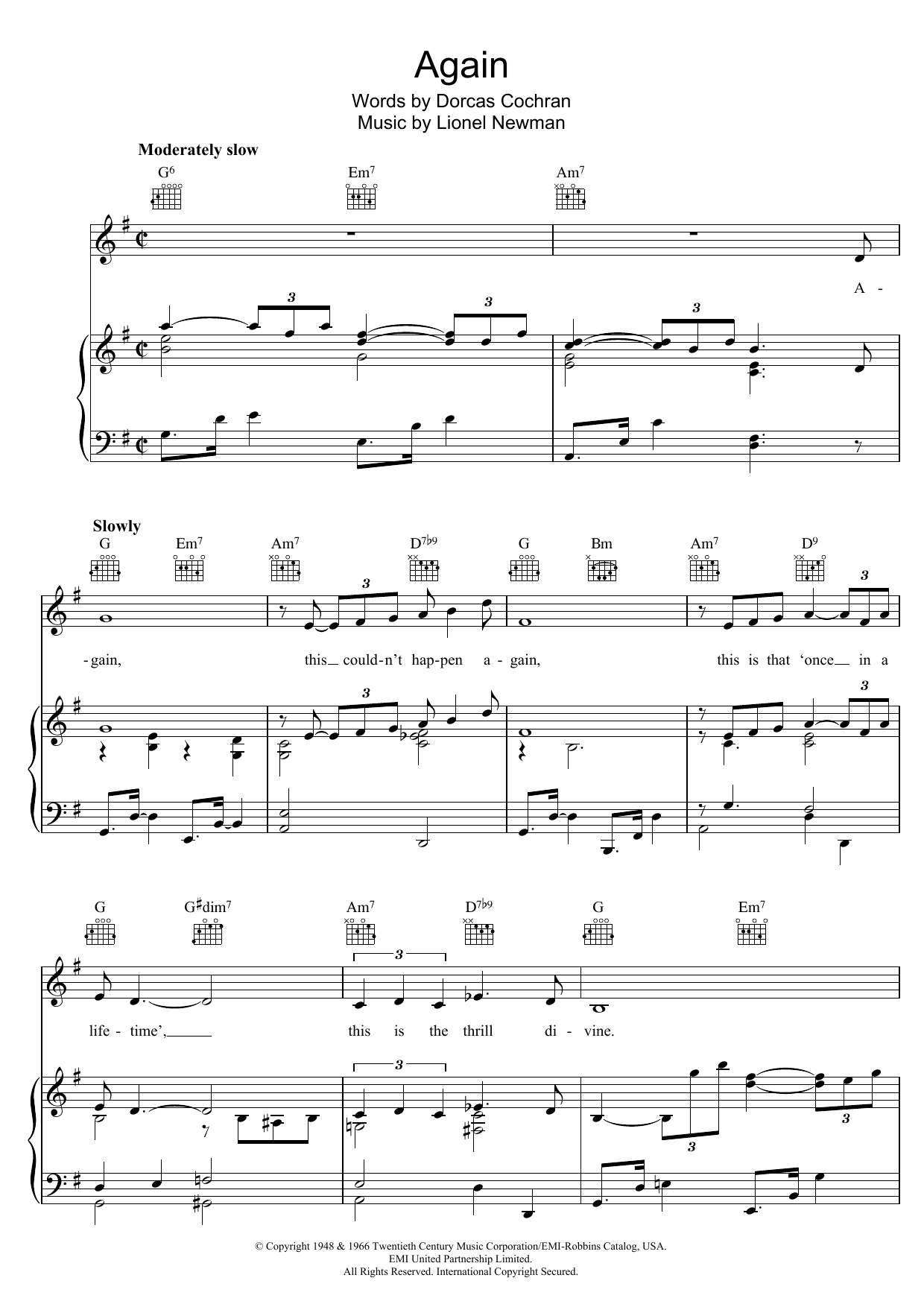 Lionel Newman Again Sheet Music Notes & Chords for Piano, Vocal & Guitar (Right-Hand Melody) - Download or Print PDF
