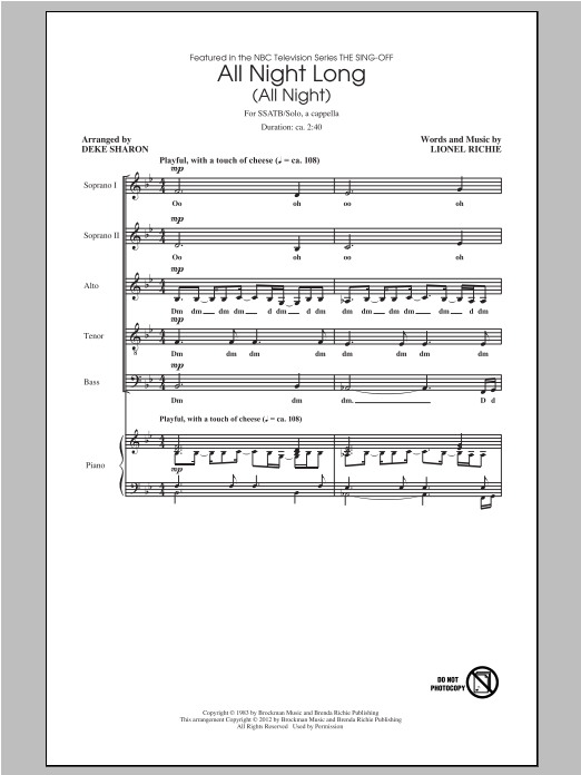 Lionel Richie All Night Long (All Night) (arr. Deke Sharon) Sheet Music Notes & Chords for Choral - Download or Print PDF