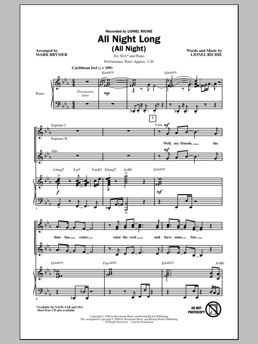 Lionel Richie All Night Long (All Night) (arr. Mark Brymer) Sheet Music Notes & Chords for SSA - Download or Print PDF