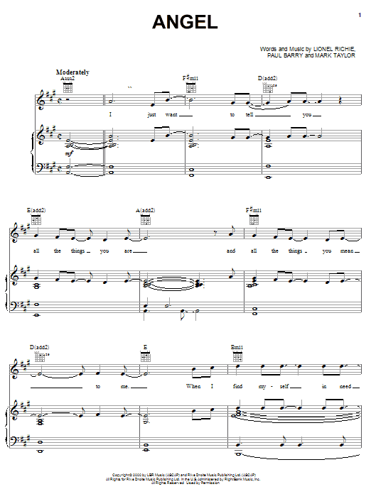 Lionel Richie Angel Sheet Music Notes & Chords for Piano, Vocal & Guitar (Right-Hand Melody) - Download or Print PDF