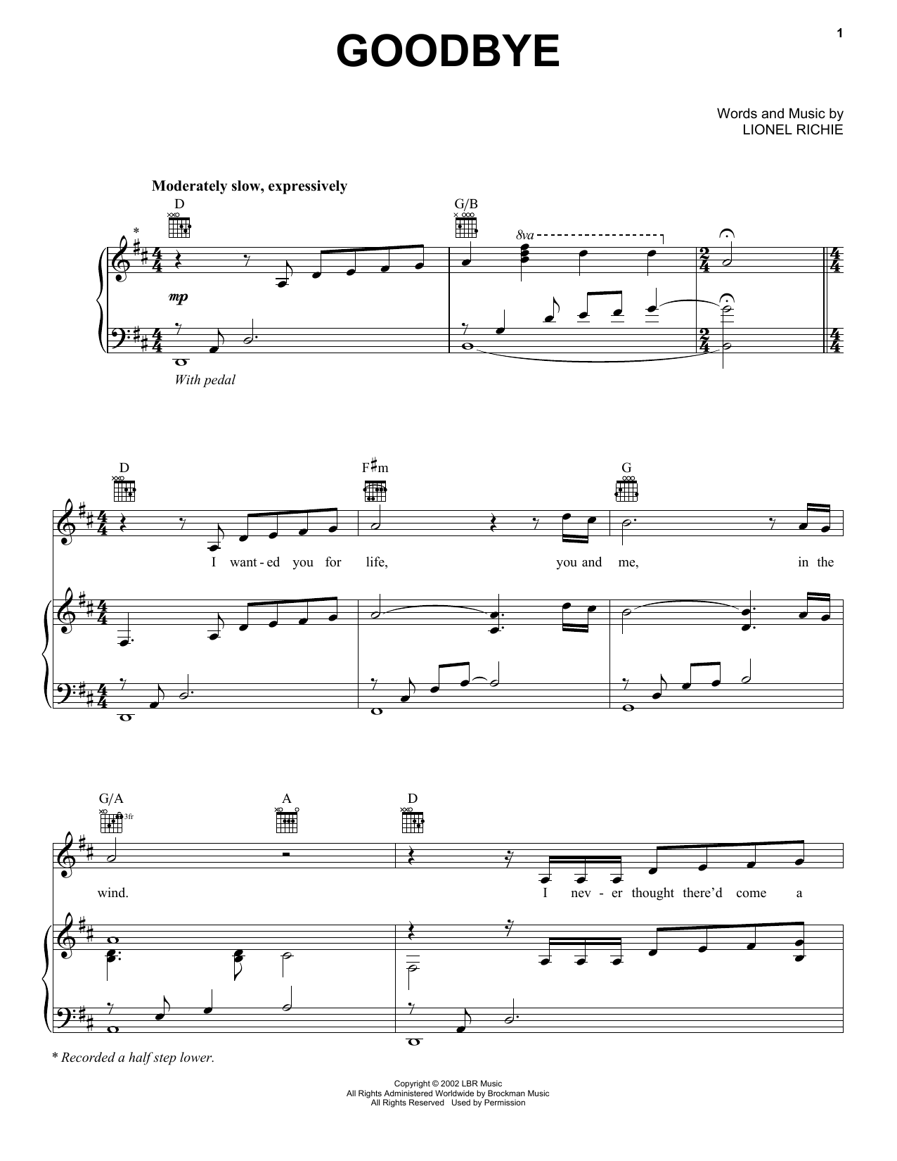 Lionel Richie Goodbye Sheet Music Notes & Chords for Piano, Vocal & Guitar Chords (Right-Hand Melody) - Download or Print PDF