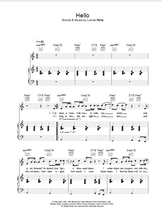 Lionel Richie Hello Sheet Music Notes & Chords for Voice - Download or Print PDF