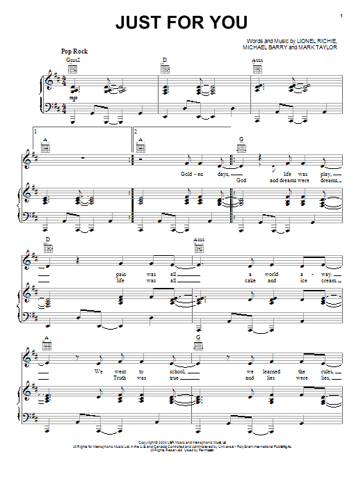 Lionel Richie Just For You Sheet Music Notes & Chords for Piano, Vocal & Guitar (Right-Hand Melody) - Download or Print PDF