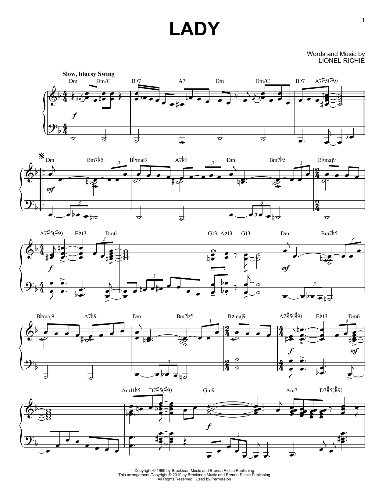 Lionel Richie Lady [Jazz version] Sheet Music Notes & Chords for Piano Solo - Download or Print PDF
