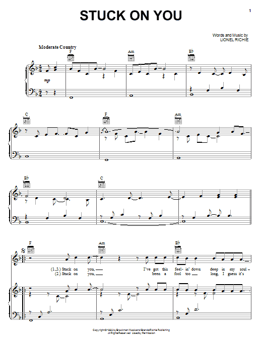 Lionel Richie Stuck On You Sheet Music Notes & Chords for Piano, Vocal & Guitar (Right-Hand Melody) - Download or Print PDF