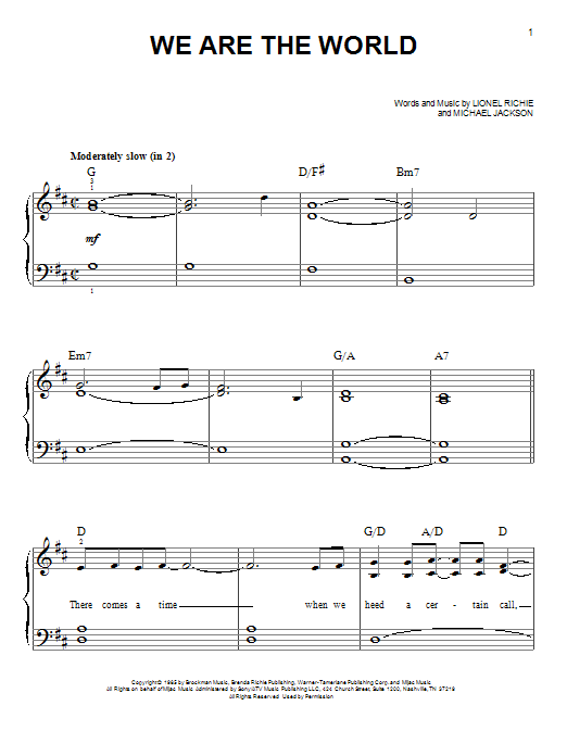 USA For Africa We Are The World Sheet Music Notes & Chords for Easy Piano - Download or Print PDF