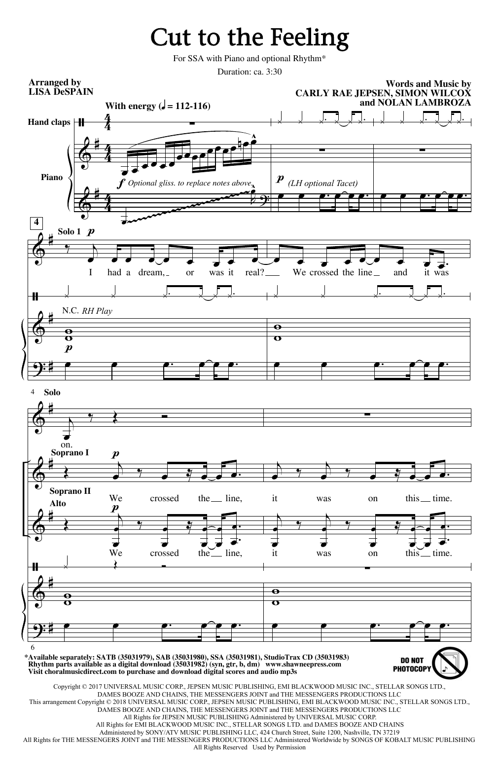 Lisa DeSpain Cut To The Feeling Sheet Music Notes & Chords for SAB - Download or Print PDF