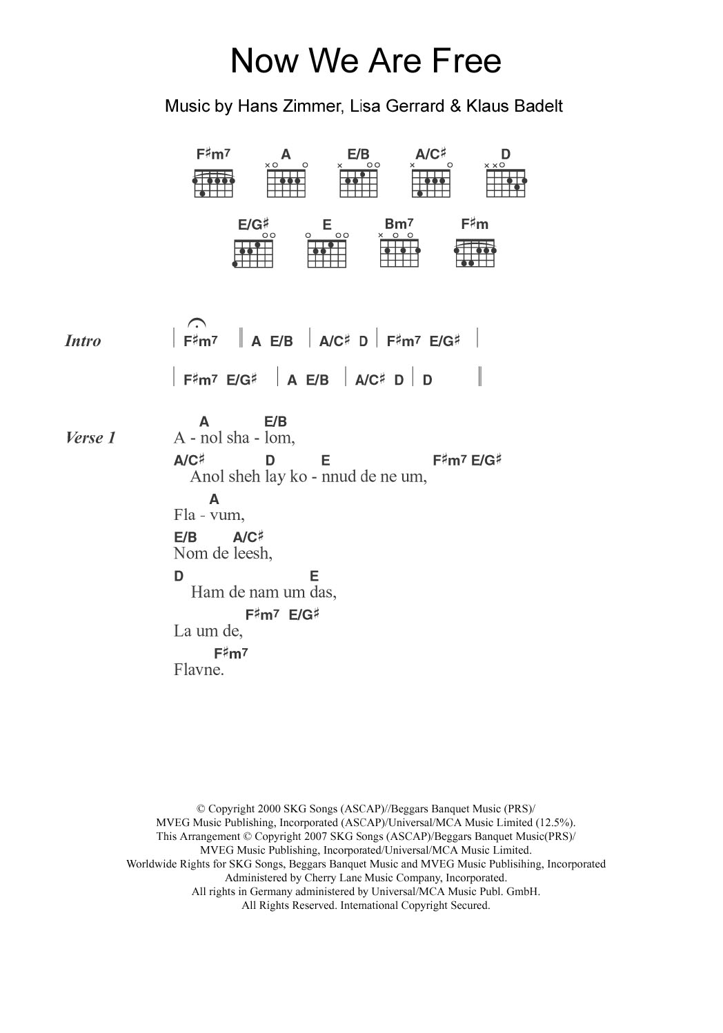 Lisa Gerrard Now We Are Free (from Gladiator) Sheet Music Notes & Chords for Guitar Chords/Lyrics - Download or Print PDF