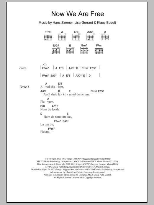 Lisa Gerrard Now We Are Free (from Gladiator) Sheet Music Notes & Chords for Lyrics & Chords - Download or Print PDF