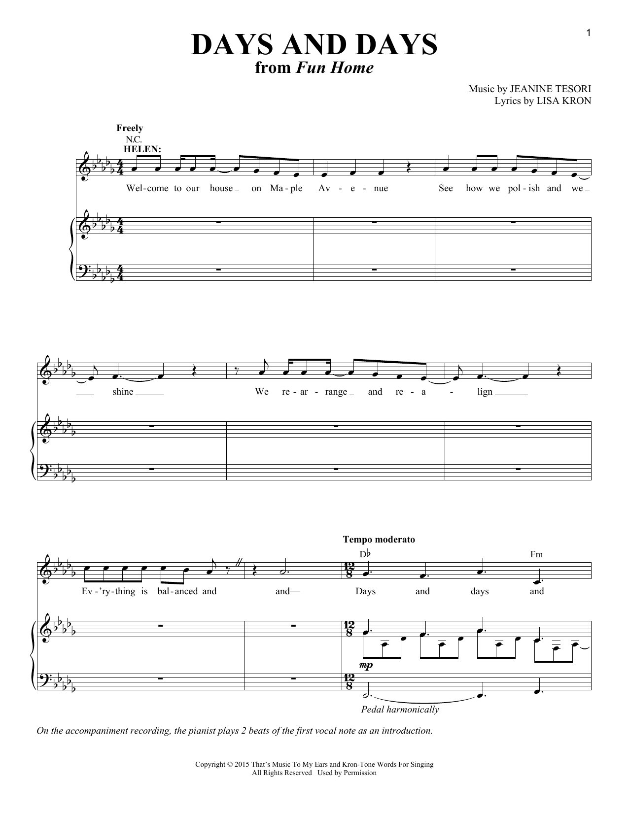 Lisa Kron & Jeanine Tesori Days And Days (from Fun Home) Sheet Music Notes & Chords for Piano & Vocal - Download or Print PDF
