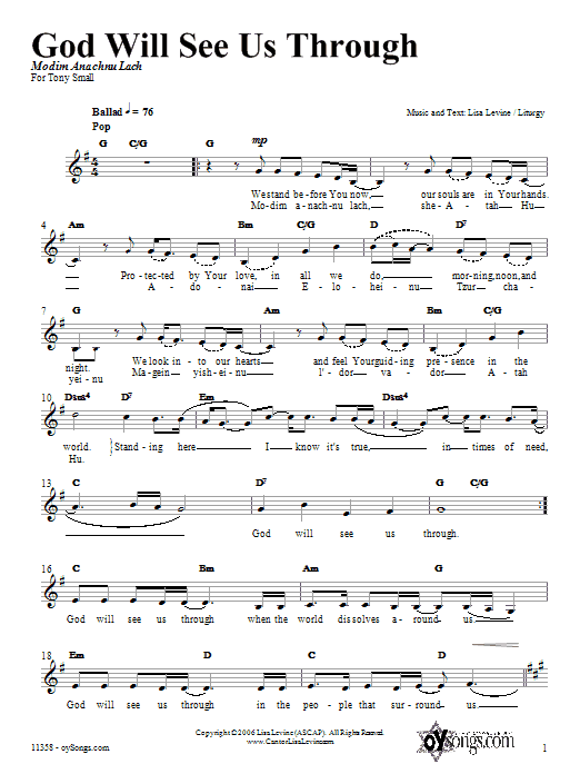 Lisa Levine God Will See Us Through Sheet Music Notes & Chords for Piano, Vocal & Guitar (Right-Hand Melody) - Download or Print PDF