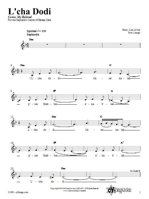 Lisa Levine L'cha Dodi Sheet Music Notes & Chords for Piano, Vocal & Guitar (Right-Hand Melody) - Download or Print PDF