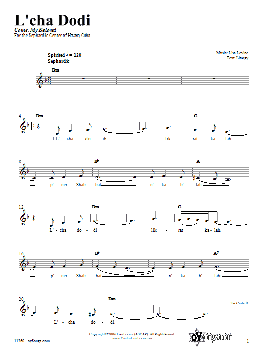 Lisa Levine L'cha Dodi Sheet Music Notes & Chords for Melody Line, Lyrics & Chords - Download or Print PDF