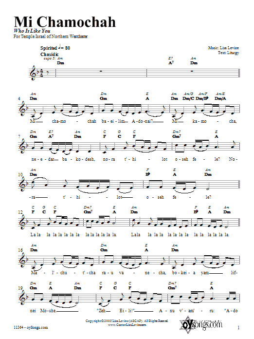Lisa Levine Mi Chamochah Sheet Music Notes & Chords for Piano, Vocal & Guitar (Right-Hand Melody) - Download or Print PDF