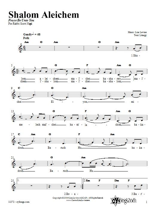 Lisa Levine Shalom Aleichem Sheet Music Notes & Chords for Piano, Vocal & Guitar (Right-Hand Melody) - Download or Print PDF