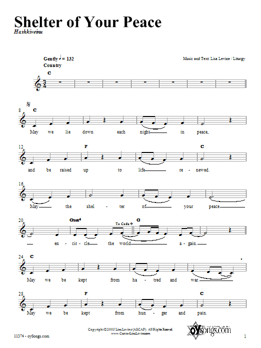 Lisa Levine Shelter of Your Peace Sheet Music Notes & Chords for Piano, Vocal & Guitar (Right-Hand Melody) - Download or Print PDF