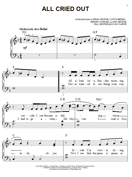 Lisa Lisa & Cult Jam All Cried Out Sheet Music Notes & Chords for Easy Piano - Download or Print PDF