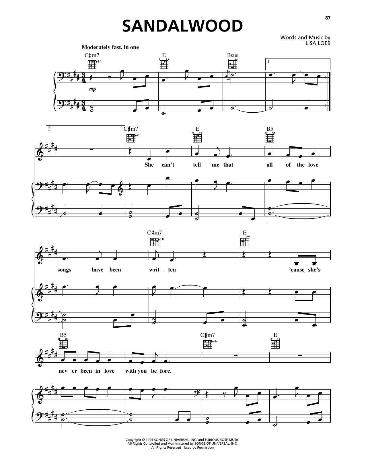 Lisa Loeb & Nine Stories Sandalwood Sheet Music Notes & Chords for Piano, Vocal & Guitar Chords (Right-Hand Melody) - Download or Print PDF