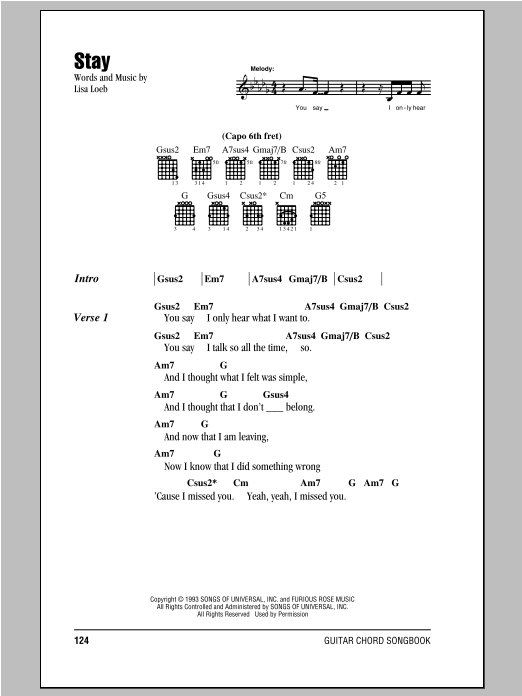 Lisa Loeb Stay (I Missed You) Sheet Music Notes & Chords for Guitar Lead Sheet - Download or Print PDF