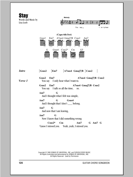 Lisa Loeb & Nine Stories Stay Sheet Music Notes & Chords for Melody Line, Lyrics & Chords - Download or Print PDF