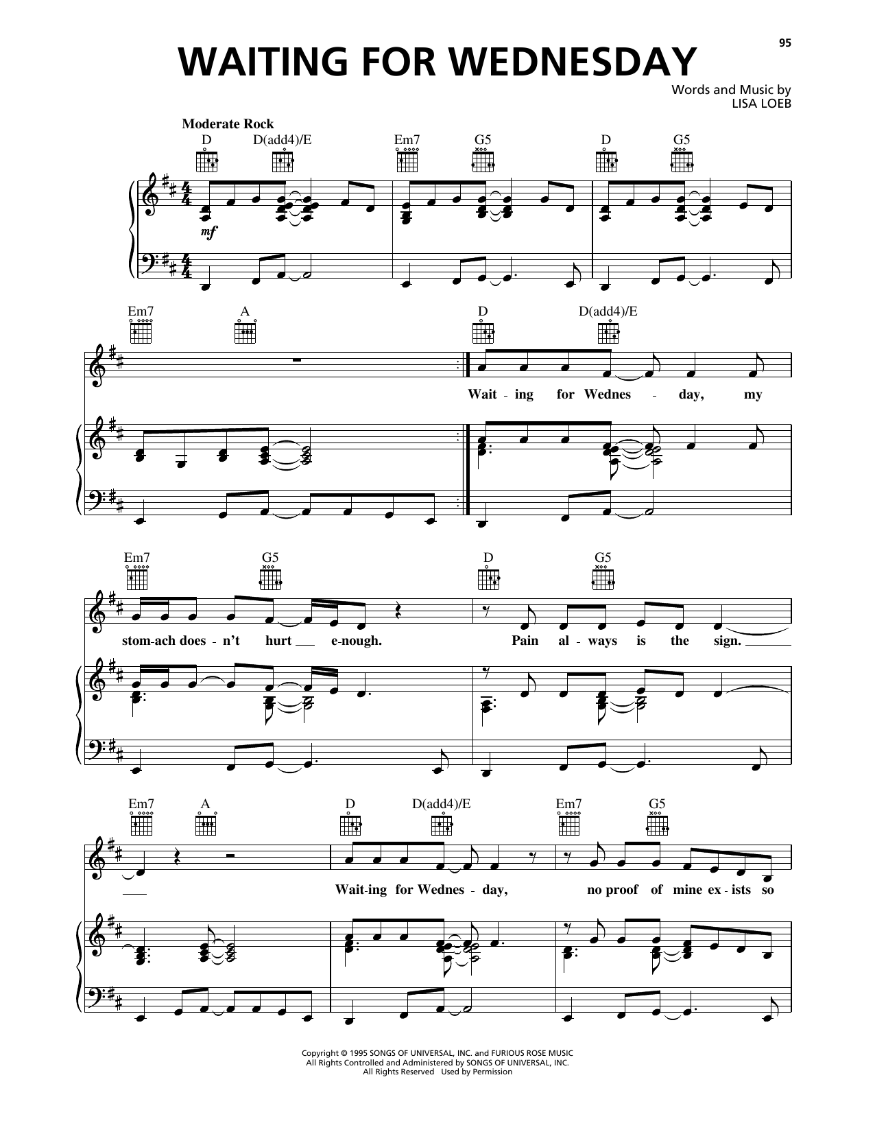 Lisa Loeb & Nine Stories Waiting For Wednesday Sheet Music Notes & Chords for Piano, Vocal & Guitar Chords (Right-Hand Melody) - Download or Print PDF