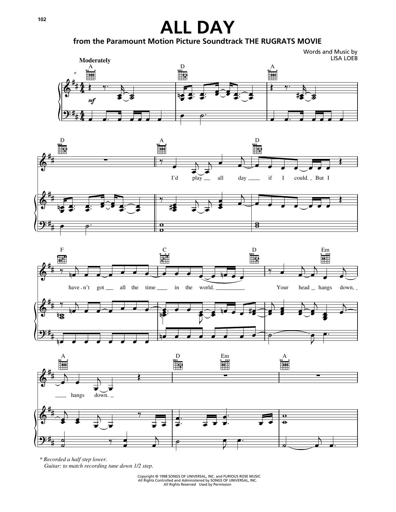 Lisa Loeb All Day (from The Rugrats Movie) Sheet Music Notes & Chords for Piano, Vocal & Guitar Chords (Right-Hand Melody) - Download or Print PDF