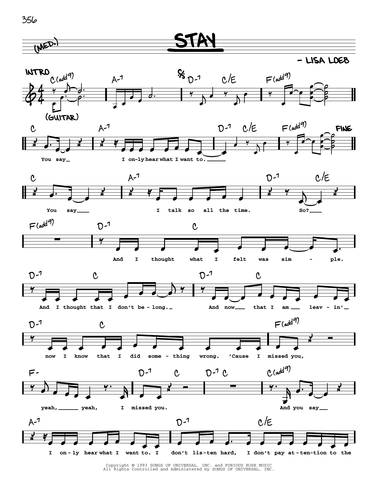 Lisa Loeb & Nine Stories Stay Sheet Music Notes & Chords for Real Book – Melody, Lyrics & Chords - Download or Print PDF