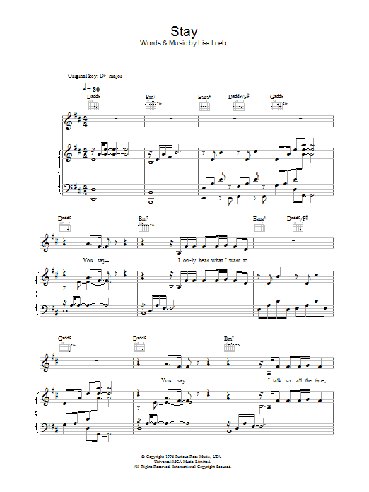 Lisa Loeb Stay (I Missed You) Sheet Music Notes & Chords for Piano, Vocal & Guitar (Right-Hand Melody) - Download or Print PDF