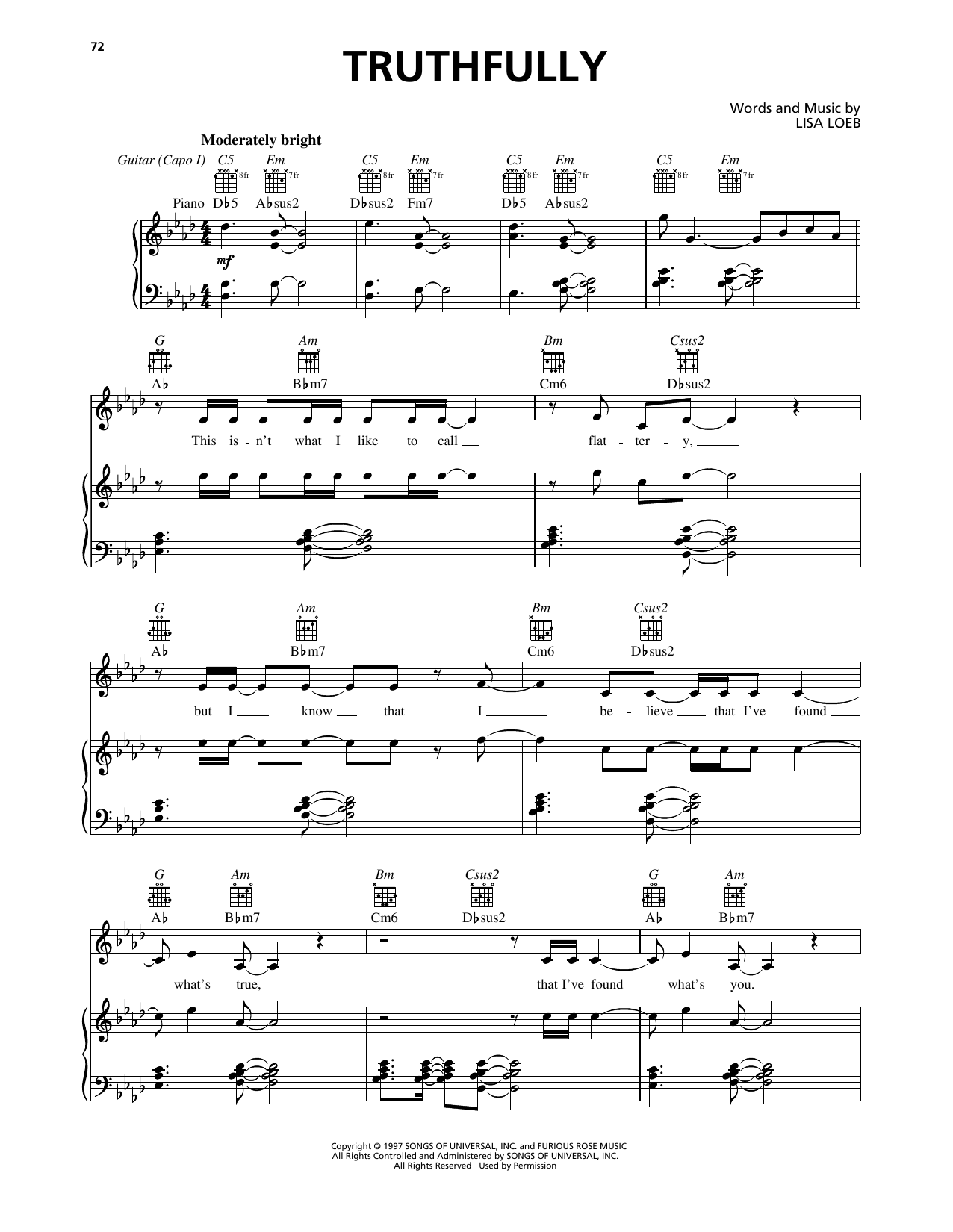 Lisa Loeb Truthfully Sheet Music Notes & Chords for Piano, Vocal & Guitar Chords (Right-Hand Melody) - Download or Print PDF