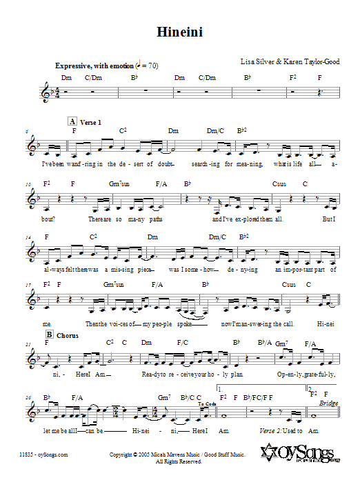 Lisa Silver Hineini Sheet Music Notes & Chords for Melody Line, Lyrics & Chords - Download or Print PDF