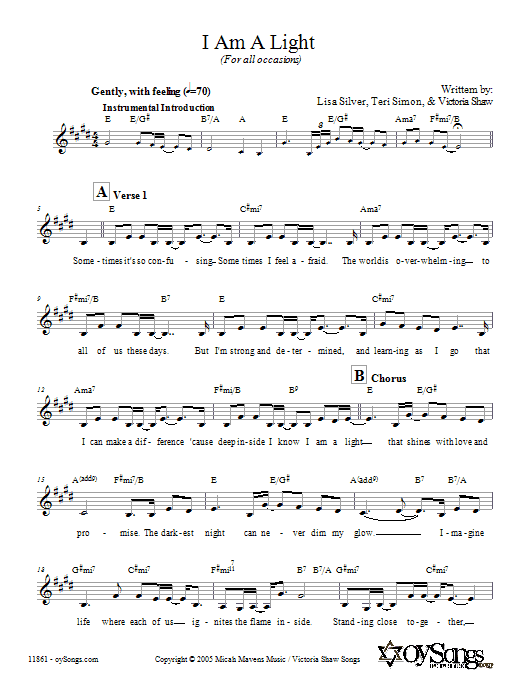 Lisa Silver I Am A Light (For All Occasions) Sheet Music Notes & Chords for Melody Line, Lyrics & Chords - Download or Print PDF