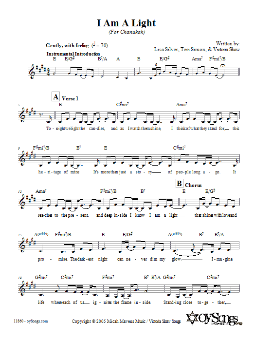 Lisa Silver I Am A Light (For Chanukah) Sheet Music Notes & Chords for Melody Line, Lyrics & Chords - Download or Print PDF