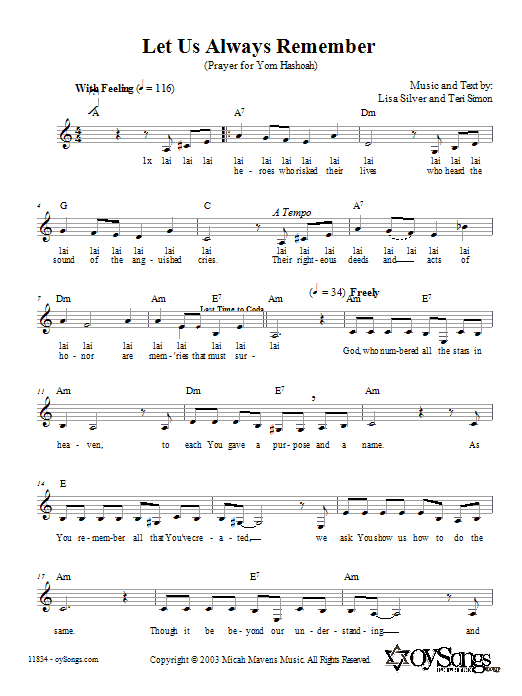 Lisa Silver Let Us Always Remember (Prayer for Yom HaShoah) Sheet Music Notes & Chords for Melody Line, Lyrics & Chords - Download or Print PDF