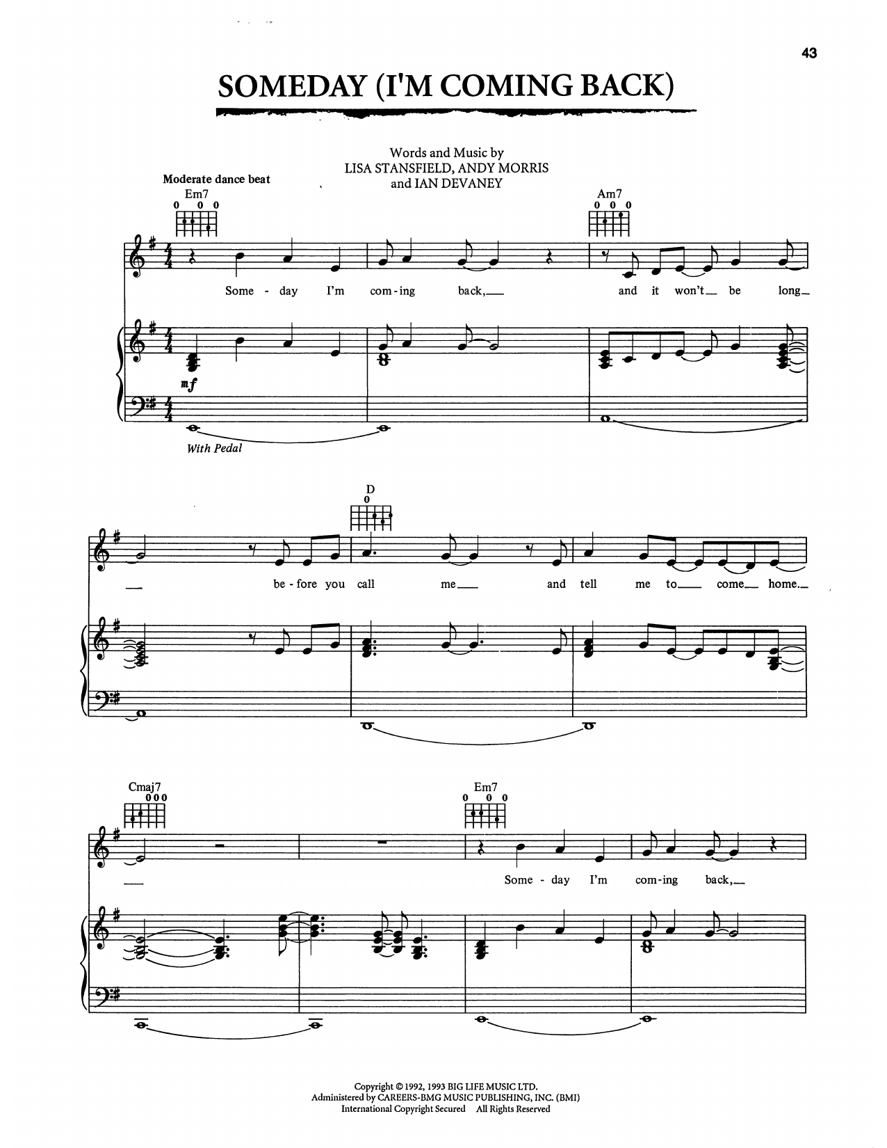 Lisa Stansfield Someday (I'm Coming Back) (from The Bodyguard) Sheet Music Notes & Chords for Piano, Vocal & Guitar Chords (Right-Hand Melody) - Download or Print PDF