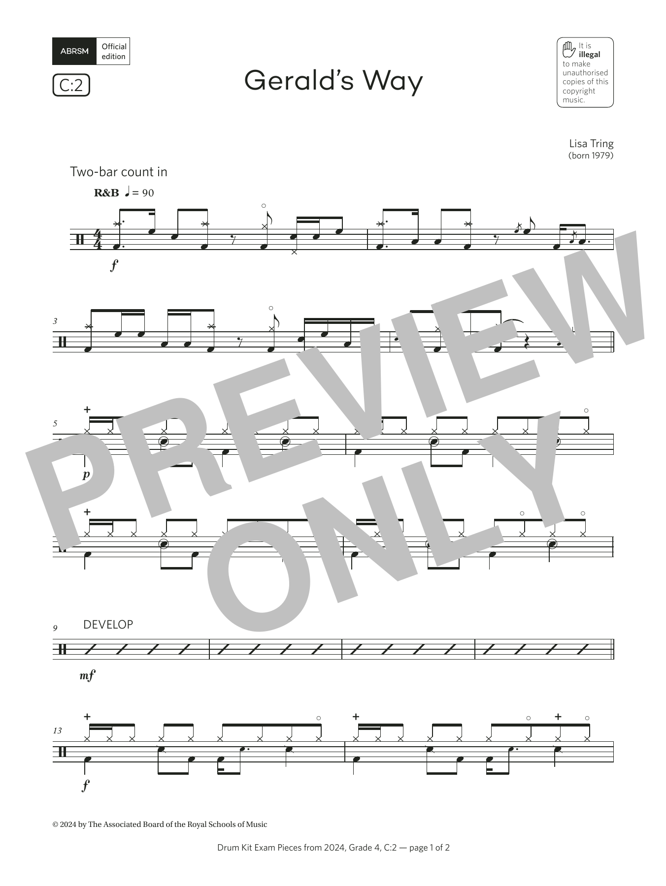 Lisa Tring Gerald's Way (Grade 4, list C2, from the ABRSM Drum Kit Syllabus 2024) Sheet Music Notes & Chords for Drums - Download or Print PDF